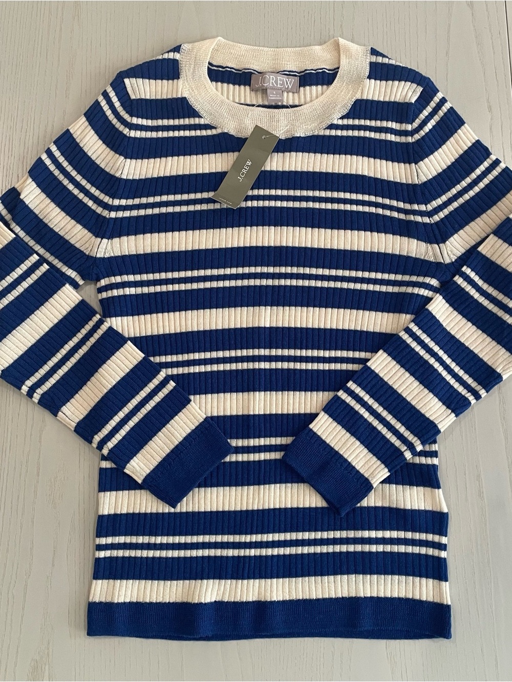 J. Crew Carolyn Striped Merino Wool Sweater CM699 Harbor blue ivory - Small - Picture 4 of 8